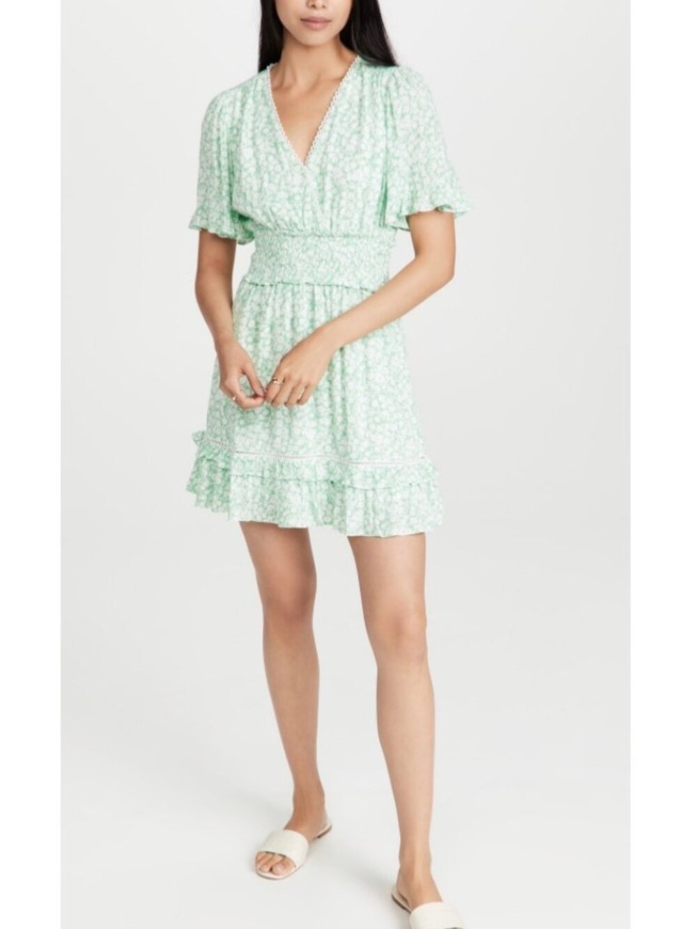 Lost + Wonder Mint Green Floral Smocked Waist Mini Dress With Ruffle Hem Size S